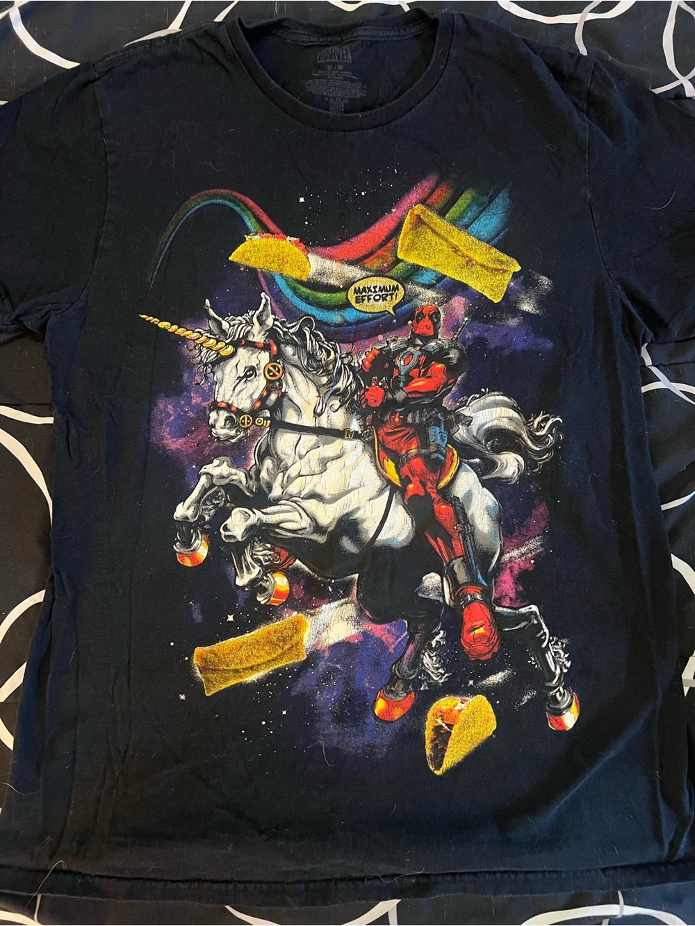Marvel Deadpool Black Graphic Tee with Unicorn and Taco Maximum Effort